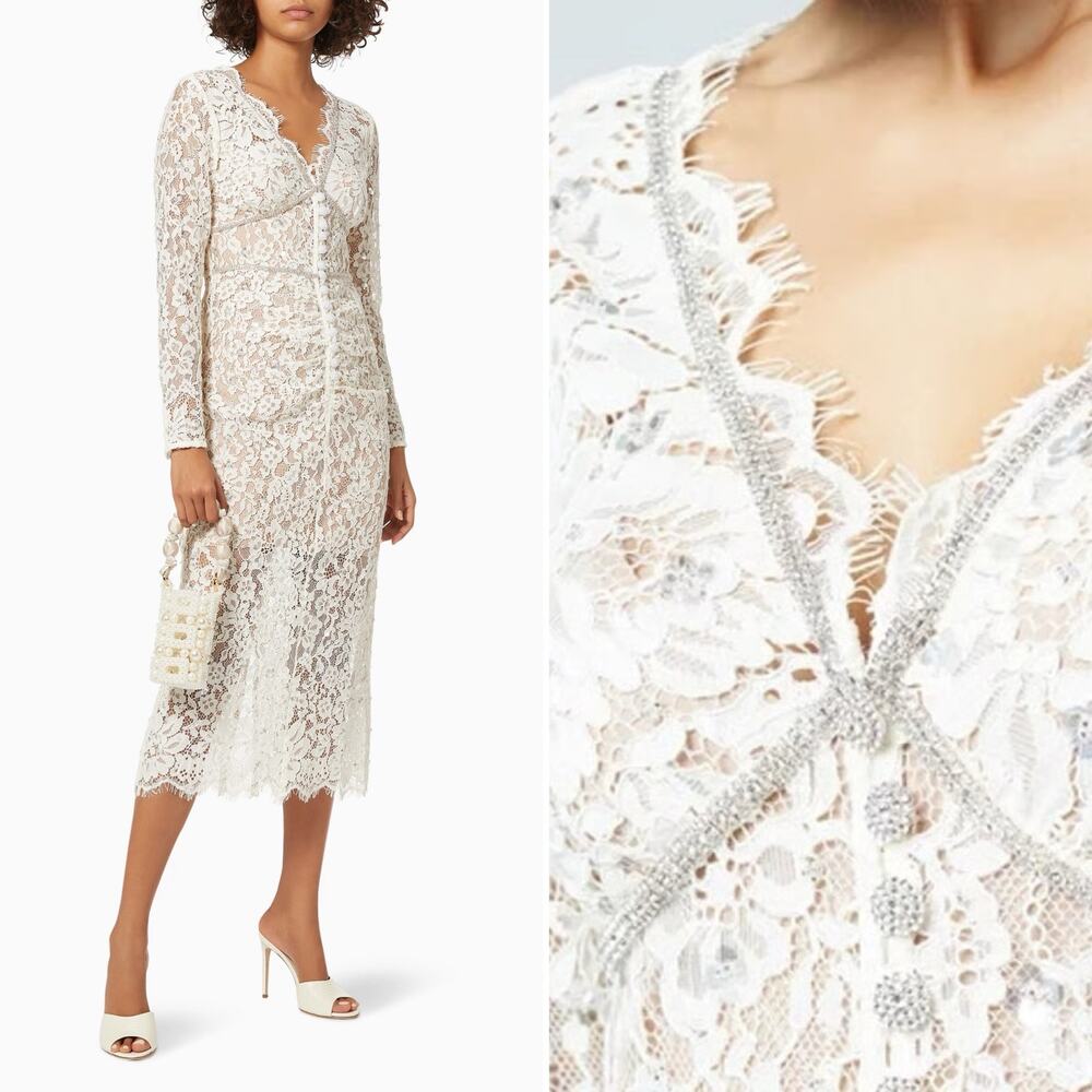 Self-Portrait Rhinestone Beaded Embellished Cord Lace Midi Dress Cream Size US 8